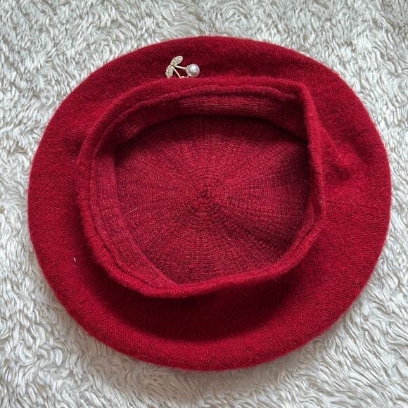 Cute Red Wool Beret with Cherry Rhinestone Pin Chic Fall Winter - Picture 6 of 7